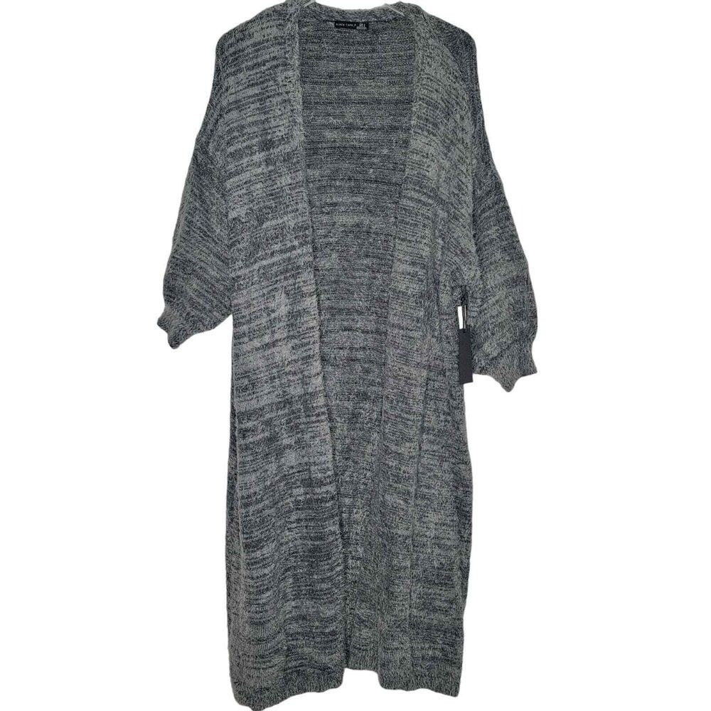 Long Cardigan Sweater Duster X Gray Open Long Sleeve Soft Fuzzy BLACK TAPE
